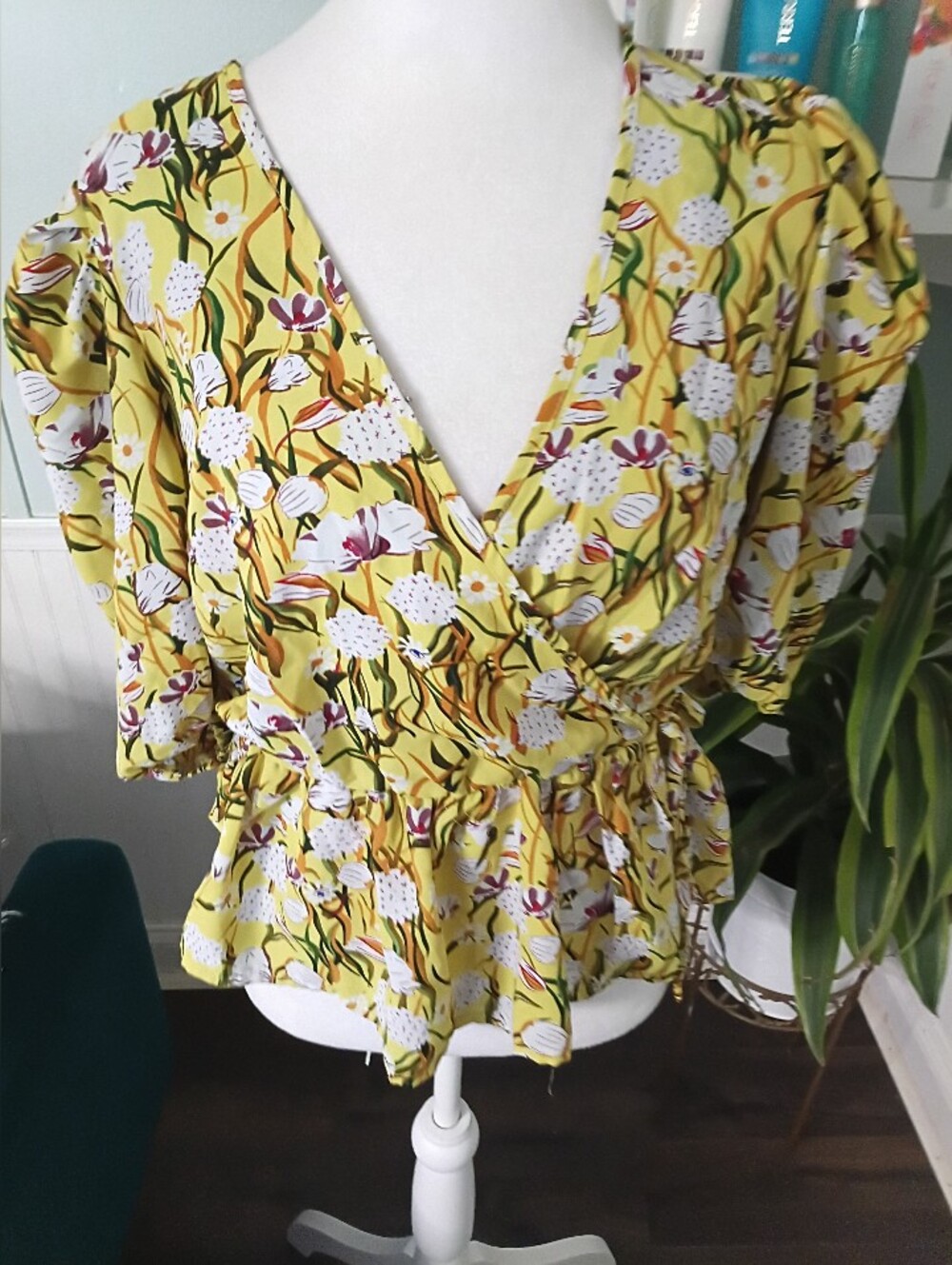 Yellow Floral Wrap Blouse with Tie Detail